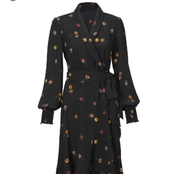 Cabi Divine Wrap Dress Small Floral Black Long Sleeve Midi - Picture 2 of 10